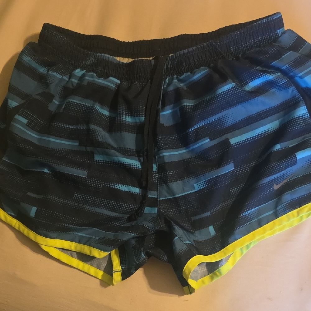 Women's Nike Blue and Black Patterned Shorts with Yellow Trim